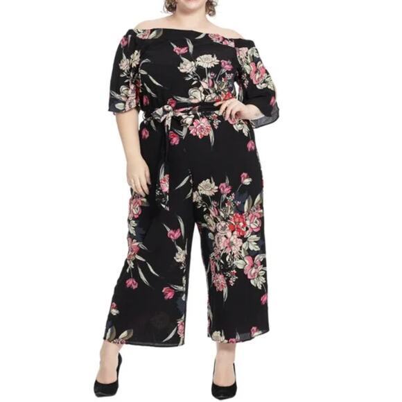 City Chic Black Misty Floral Off The Shoulder‎ Belted Cropped Leg Jumpsuit, 14 - Picture 1 of 16